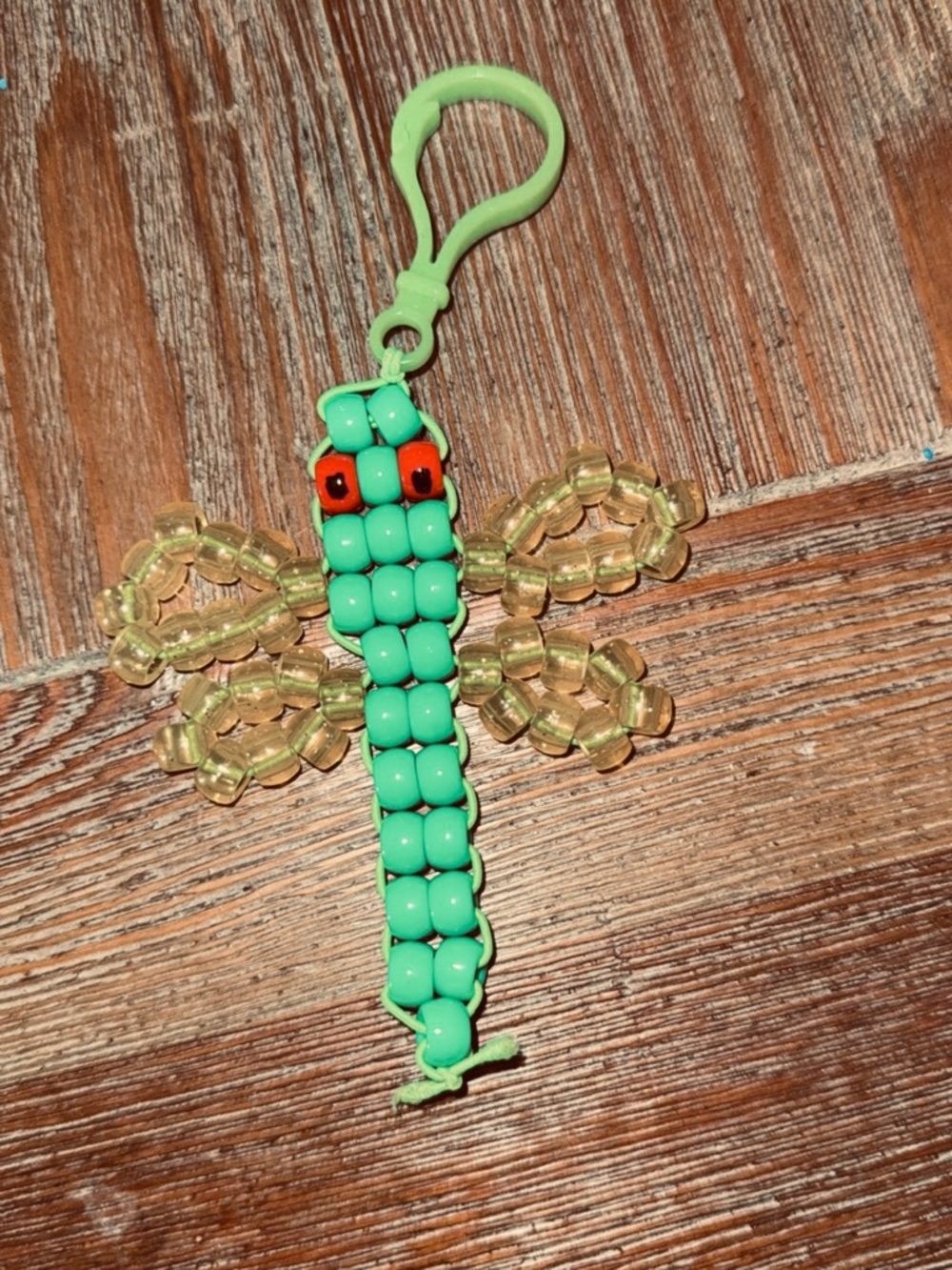 Handmade Beaded Dragonfly Bag Charm or keychain in Green and Yellow